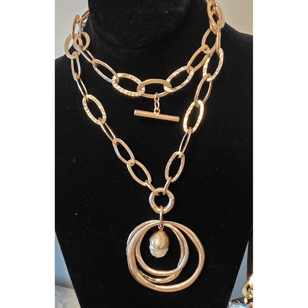 Necklace Gold Tone Faux Pearl Concentric Circle Pendant‎ Paper Clip Chain Womens